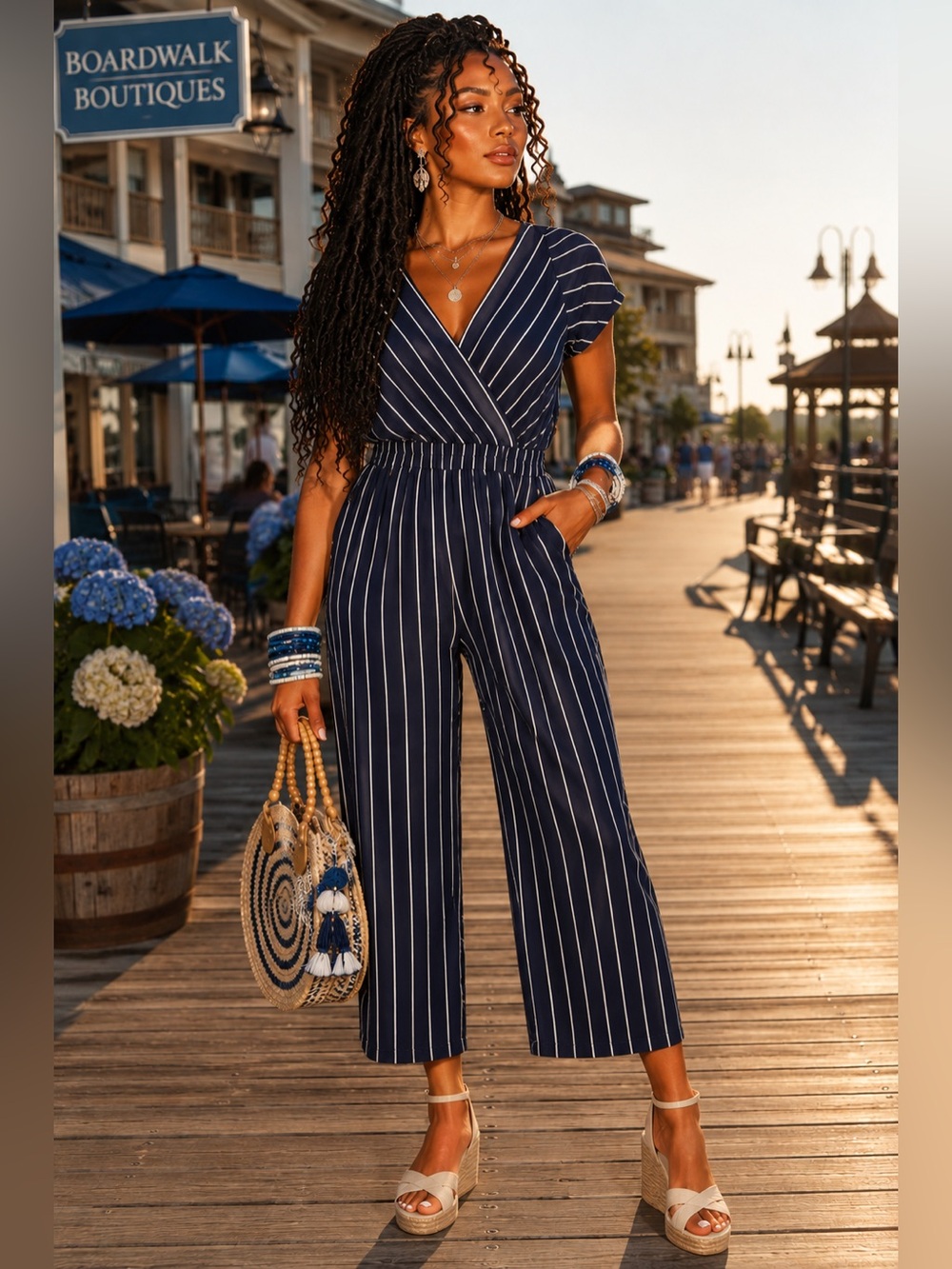 Express Navy Blue and White Striped Surplice Short Sleeve Jumpsuit PS
